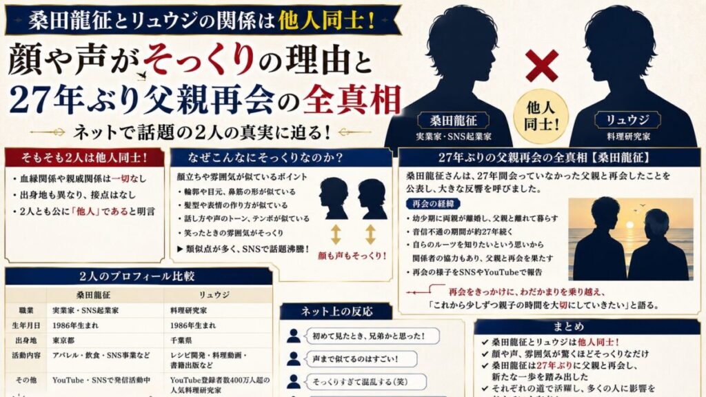 桑田龍征とリュウジの関係は他人同士！顔や声がそっくりの理由と27年ぶり父親再会の全真相